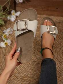 Nuevas sandalias planas de moda de verano con decoración floral blanca y correa elástica en la espalda, sandalias de playa - Blanco - Ver 4
