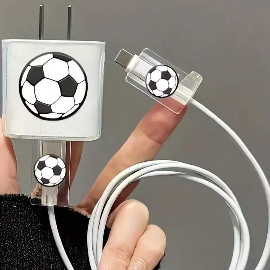 足球充電器保護套組適用於18W-20W快速充電器，透明TPU防摔耐刮充電器保護殼，可愛黑白足球圖案，線材保護套，適合運動迷，男女皆宜的理想禮物 - 彩色 - 查看 1