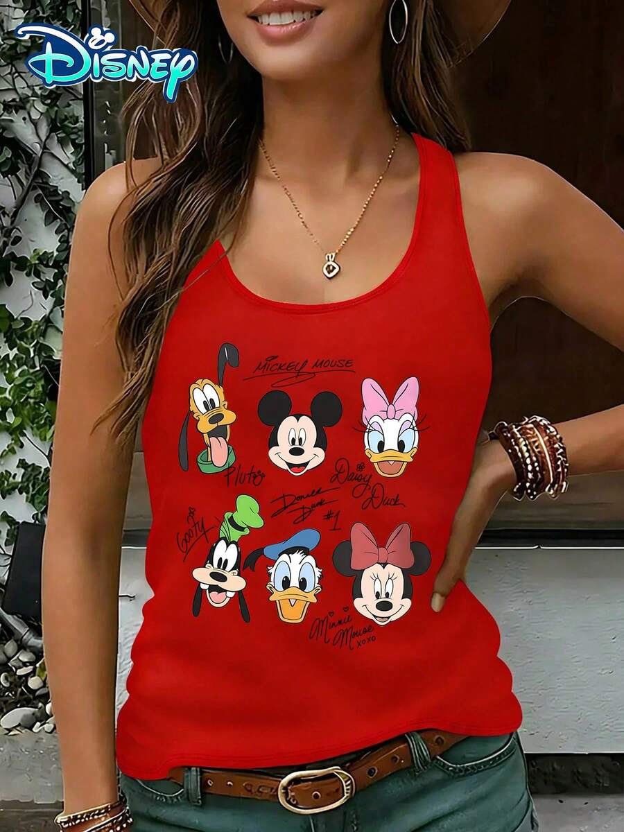Disney Official Authorization | Women's Casual Round Neck Sleeveless Vest. With Disney Character Group Images As The Theme, It Is Simple And Full Of Retro Feeling With Character Avatars And Signature Prints. It Is A Versatile Basic Item For Daily Use And An Ideal Choice For American Retro Enthusiasts. - Đỏ - Xem 1