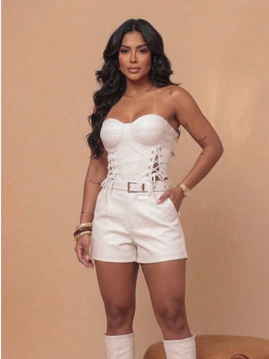 Women's Faux Leather Shorts And Cropped Top Set With Belt, Party/Blogger Style - White - View 1