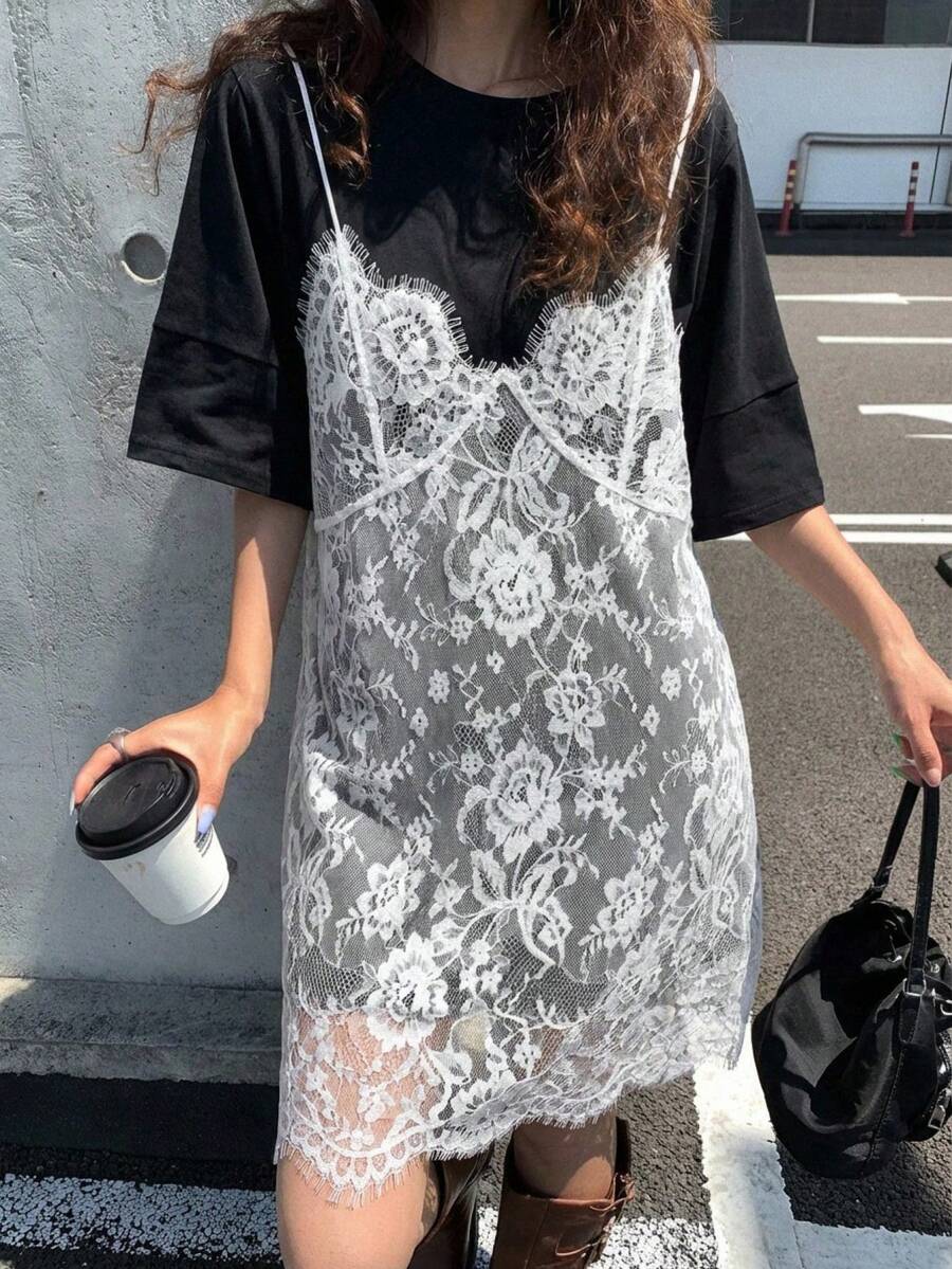 Women's Dress With Short Sleeves And Lace, 2 In 1, Casual Dresses For Women, Floral Dresses For Women - 黑白 - 查看 1