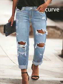 Plus Size Women Street Style Casual Pocket Button Distressed Versatile Comfortable Long Jeans - Light Wash - View 1
