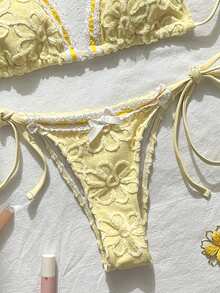Conjunto de bikini de camisola de tela de encaje texturizado con estampado floral amarillo de moda de verano para mujer, Bottom triangular con lazo lateral, tela de encaje texturizado, estilo dulce y picante de moda, adecuado para vacaciones en la playa, fiesta de trajes de baño, verano - Multicolor - Ver 6
