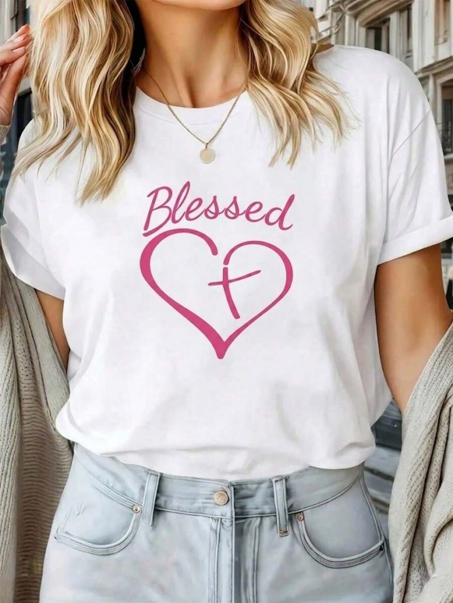 Camiseta de Verano para Mujer 100% Algodón, Cuello Redondo Casual, Manga Corta con Estampado Gráfico de Corazón y Cruz "Blessed", Corte Holgado, Top Negro para Uso Diario y Salidas Casuales - Blanco - Ver 1
