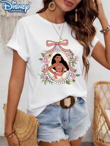 snow white Floral Pattern Women's Casual Round Neck Short Sleeve T-Shirt, Suitable For Wearing In Spring/Autumn/Summer, With A Loose Fit That - 白色 - 查看 2