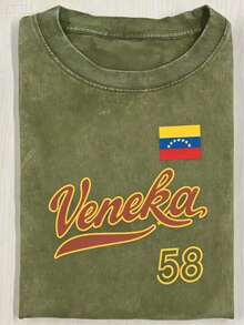 Modern Minimalist T-Shirt, 230g Washed T-Shirt, Vintage Pink Round-Neck T-Shirt, Decorated With A  Flag Pattern And The Words "Veneka 58", Vintage Cas - 軍綠色 - 查看 1