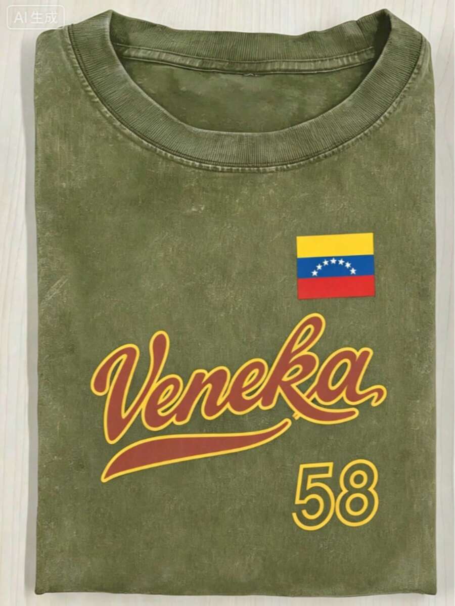 Modern Minimalist T-Shirt, 230g Washed T-Shirt, Vintage Pink Round-Neck T-Shirt, Decorated With A Flag Pattern And The Words "Veneka 58", Vintage Cas - 軍綠色 - 查看 1