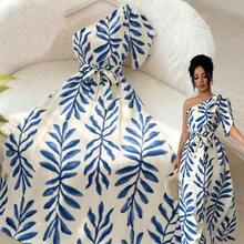 Vestido ajustado con mangas abullonadas, cintura con lazo y estampado floral elegante para mujer, azul y blanco, primavera/verano - Café integral - Ver 2