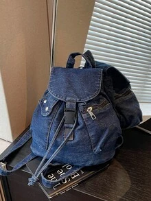 Vintage Washed Blue Canvas Drawstring Backpack, Niche Casual Style Flap Cover Backpack, Daily Commute Student Leisure Small Backpack, Relaxed Drawstring Flap Design, Casual Versatile Multi-Pocket Backpack, School Style Middle/High/College Student Backpack, Lightweight Travel Canvas Bag - Multicolor - View 15