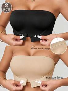 2pcs Women's Front Closure Strapless Push-Up Bra - Sexy Wireless Bandeau, With Adjustable Rubber Band, Seamless Invisible Lingerie, Suitable For Daily Wear - Multicolor - View 1