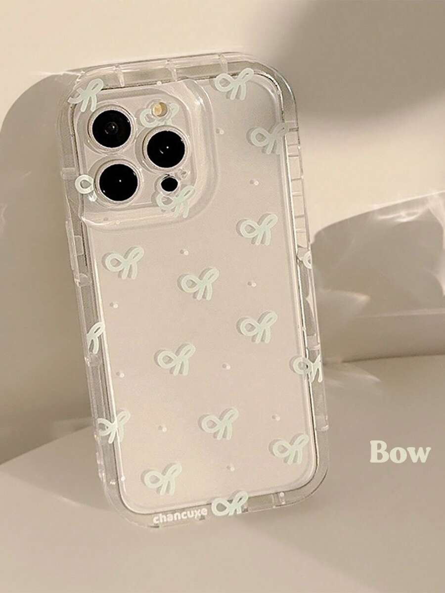 1pc Minimalist White Bow Pattern Airbag Anti-Slip Soft Phone Case Suitable For 17promax/16promx/15promax/13/15/16/17pro/14/11/17Pro/16Pro - Clear - View 1