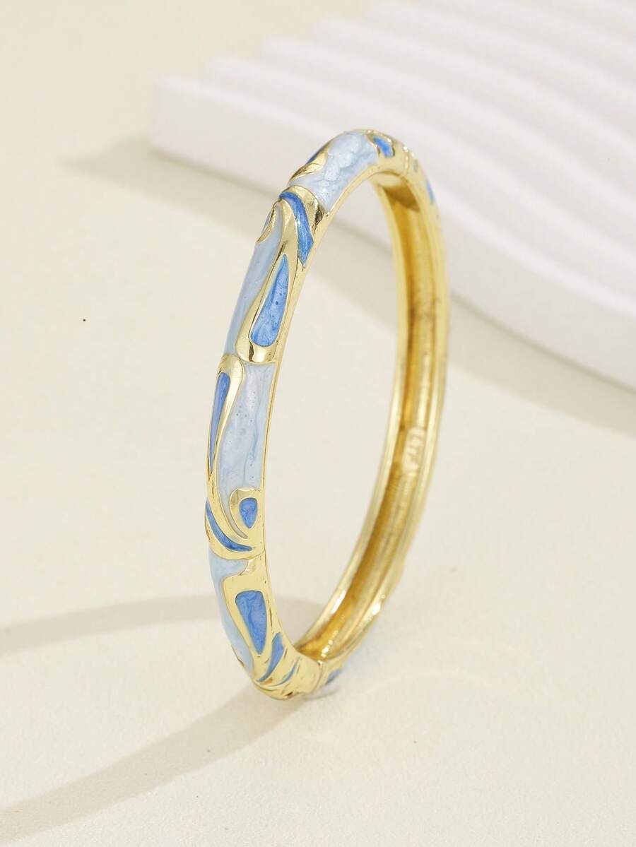 1pc Fashionable Gold-Plated Cloisonne Bangle Bracelet, Jewelry Gift For Women & Girls - Baby Blue - View 1