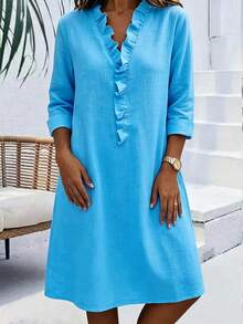 2026 Summer New Loose Comfortable Casual V-Neck Ruffle Solid Color Women's Dress - Apricot - View 8