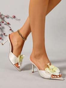 Sandalias retro elegantes de tacón alto, puntera abierta, unicolor beige, decoración de lazo, tacón fino y transpirable - Beis - Ver 3