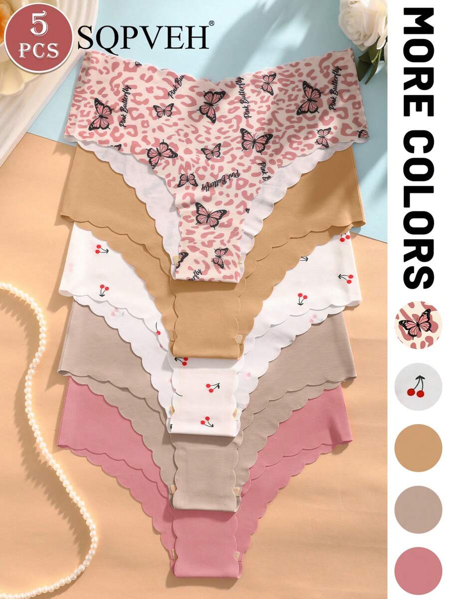 5 chiếc/gói Quần lót nữ không đường may, thoải mái, in họa tiết da báo và quả anh đào