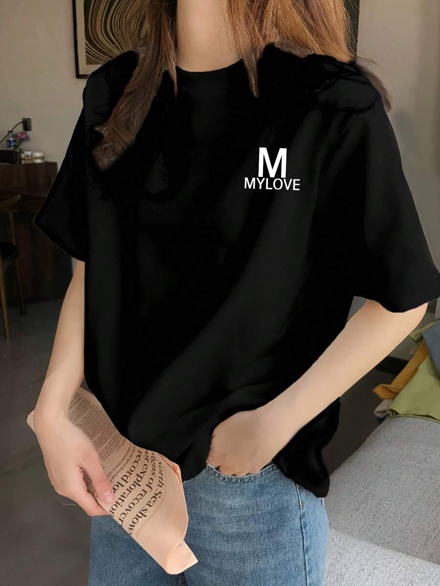 100% Cotton. Casual Short-Sleeved Printed T-Shirt. 1pac Women's Short-Sleeved T-Shirt, Summer Design, Slim Fit, Cartoon Print Short-Sleeved T-Shirt, Pure Cotton Short-Sleeved T-Shirt, Top, Basic Tee. #3333. Spring Summer Top - 黑色 - 查看 1