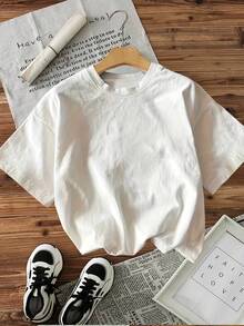 Minimalist. 100% Cotton. 1 Piece. [With Back Print][Special Edition] Short-Sleeved T-Shirt With A Round Neck And A Kinder Planet Print Featuring Letters, A Heart, And A Globe. Spring/Summer Top. - 白色 - 查看 2