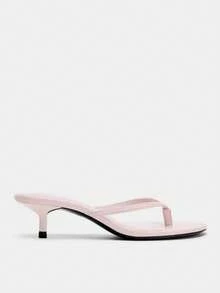 Sandal Wanita Gaya Prancis Musim Panas Baru Kulit dengan Tali Jari Kaki dan Hak Kitten, Sandal Jepit - Berwarna merah muda - View 4