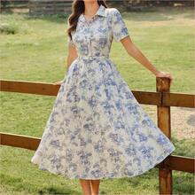 Vestido de mujer elegante y vintage con bolsillos y cinturón, vestido camisero con estampado floral, cierre con botones, vestido casual para ir y venir, vacaciones, vestidos de verano para mujer, atuendos de vacaciones de verano, atuendos de primavera para mujer, vestidos de primavera para mujer, ropa de primavera para mujer, atuendos de vacaciones de primavera, vestidos elegantes para fiestas, vestidos elegantes para fiestas para mujer, vestido de invitada de boda para mujer, vestido - Azul y blanco - Ver 4