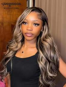 MEGALOOK Tóc giả ren phía trước 13x6, kiểu ombre vàng bạch kim, highlight balayage, sóng bồng bềnh, 100% tóc người, đã cắt sẵn, tỉa sẵn đường chân tóc tự nhiên, nút thắt đã tẩy trắng, rẽ ngôi giữa, mật độ 180%, dài 18-30 inch, dành cho nữ. - Nhiều màu - Xem 1