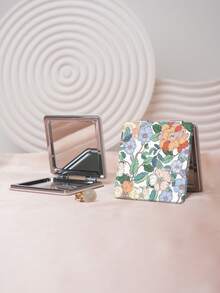 1pc Portable Folding Compact Mirror, Floral Design, Stainless Steel Frame With Nano Electroplating, Suitable For Various Occasions - Multicolor - View 3