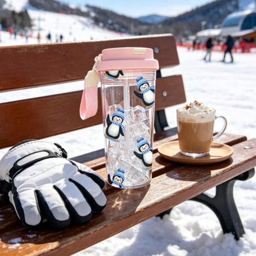 1件/5件 500ml可愛企鵝咖啡馬克杯，17盎司防漏旅行杯附吸管與翻蓋，冬季滑雪企鵝水壺附掛繩，適合健身房、學校、海灘、露營、辦公室，企鵝愛好者完美生日禮物，開學季適用
