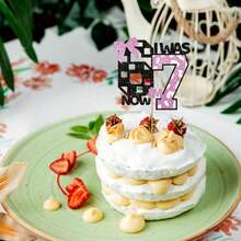 1 pieza Adorno para pastel con purpurina "Tengo 6 Ahora 7", Decoración de fiesta de cumpleaños 7 con estampado de vaca rosa, Suministros de mesa de postres con tema de bola de discoteca para niña, Palillo de pastel con lazo - Bow Disco 6-7 - Ver 4
