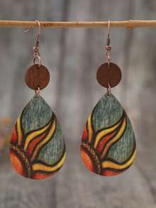 1 Pair Teardrop Shaped Vintage Painted Floral Wooden Niche Elegant Earrings - Multicolor - View 8