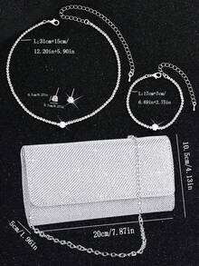 Conjunto de 4 piezas de bolso de noche versátil y minimalista para mujer, bolso de mano, bolso de hombro con cadena, collar con corazón de strass, pendientes y pulsera, bolso de joyería para banquetes - Plateado - Ver 6