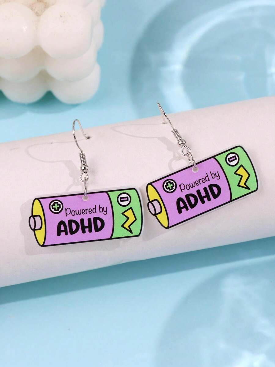 1對時尚精緻百搭個性酷感小眾獨特創意嘻哈可愛卡通電池標語壓克力耳環，適合女性日常、派對、通勤、節日、度假珠寶 - 彩色 - 查看 1