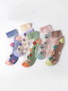 1/5 Pairs Random Women Colorful Ditsy Floral Contrast Color Breathable Soft Casual Ankle Socks, Suitable For Spring/Summer Daily Wear - Multicolor - View 2