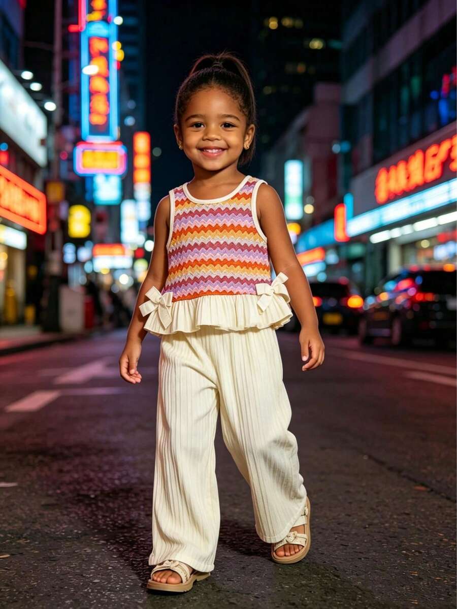 Bộ đồ hè mới cho bé gái: Áo không tay họa tiết Fair Isle và quần ống rộng; Bộ áo không tay họa tiết sóng cầu vồng: Màu tương phản Dopamine + quần ống rộng nhăn nhẹ, bộ đồ dễ thương, mềm mại và thoải mái, cạp cao co giãn không gây khó chịu vùng bụng. - Nhiều màu - Xem 1
