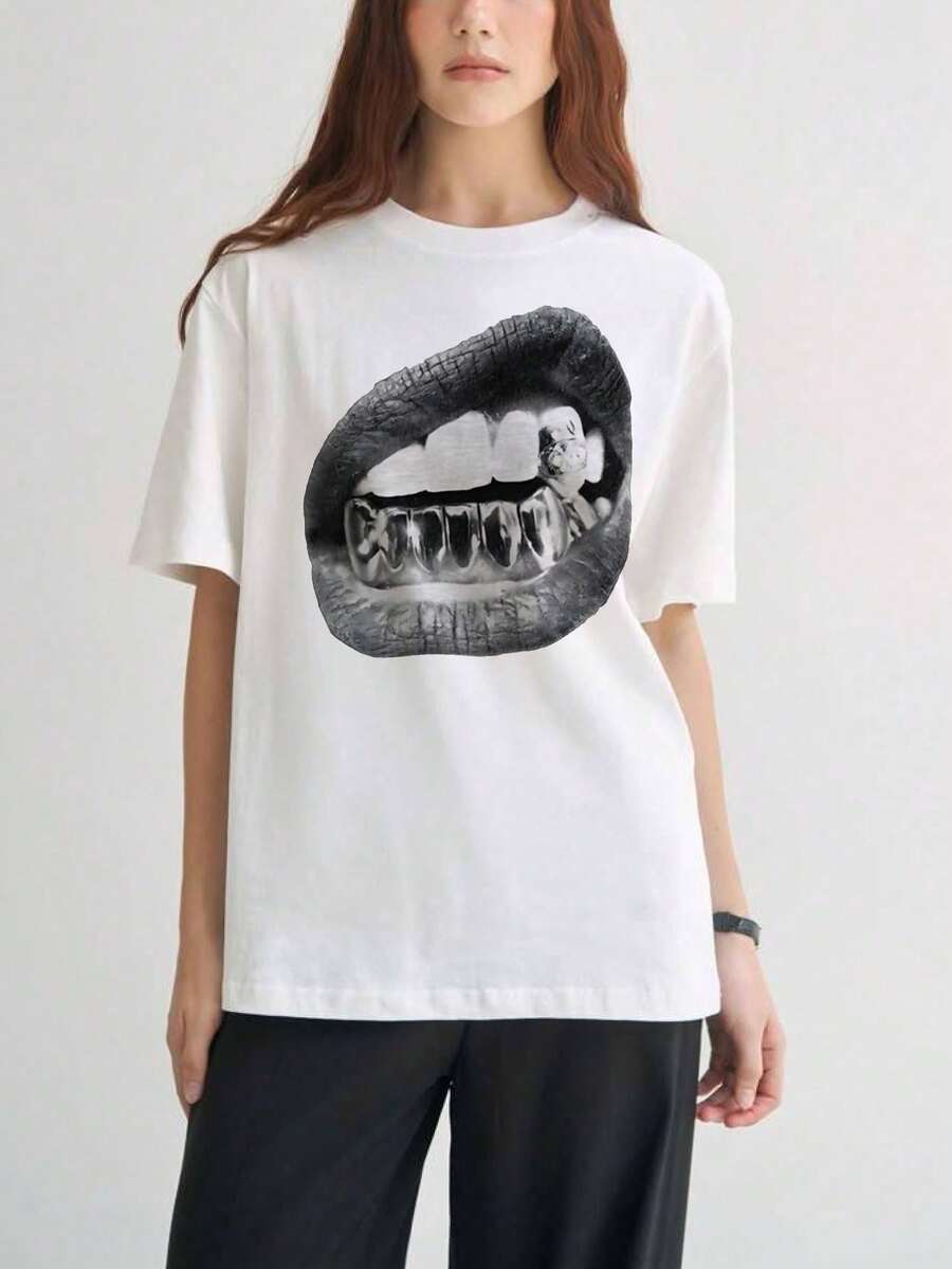 Women's Short-Sleeved T-Shirts With Interesting Prints, Beautiful Clothing. Round Neck T-Shirt With A White Mouth Print Featuring Teeth And A Face, Casual Everyday Wear - High Quality. - 白色 - 查看 1
