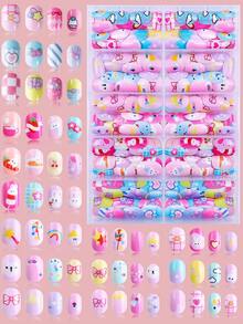 NAIO 120-Piece Pack (5 Styles) Of Children's Press-Type False Nails, Acrylic Material, Full Coverage, Cute Cartoon Rainbow Heart Glossy Press-Type False Nail Set, Short Oval False Nail Set, Comes With 3 Pieces Of Tape And 3 Nail Files. - Multicolor - View 19