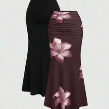 Set de 2 faldas para mujer, una falda de unicolor elegante tipo sirena y una falda con estampado floral - Multicolor - Ver 1