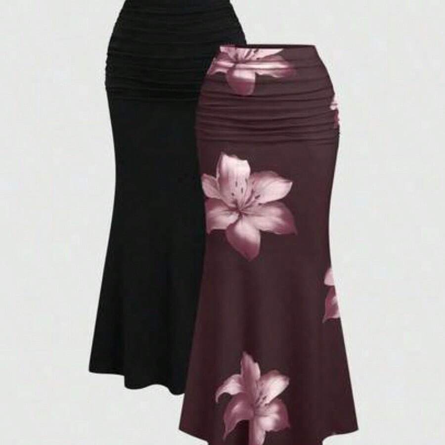 Set de 2 faldas para mujer, una falda de unicolor elegante tipo sirena y una falda con estampado floral - Multicolor - Ver 1