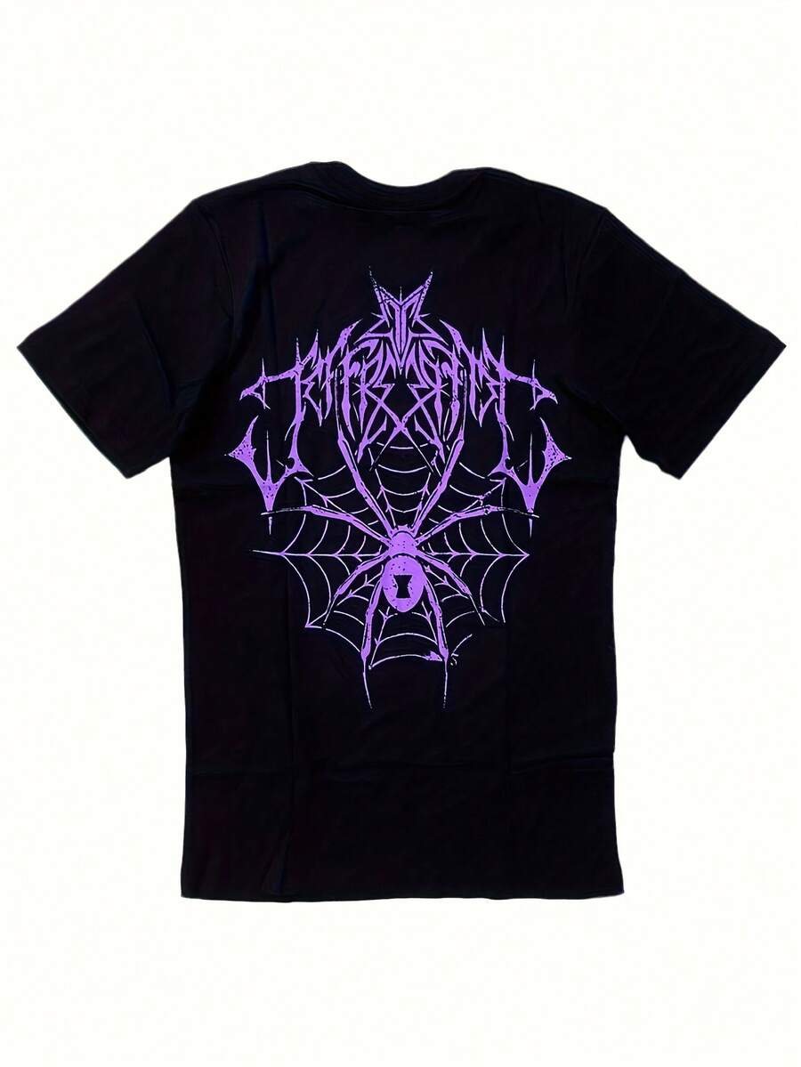 VintageMen's Jeffree Exclusive 2025 New Style Spider Halloween T-Shirt - Loose Fit Short Sleeve Round Neck Casual Tee With Iconic Logo For Year-Round - Black - View 1