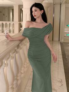 xheDAZY Vestido de mujer de unicolor elegante con cuello asimétrico y manga corta, adecuado para invitados de boda, verano, vestido de boda, vestido de graduación, vestido largoxhe - Verde Oliva - Ver 1
