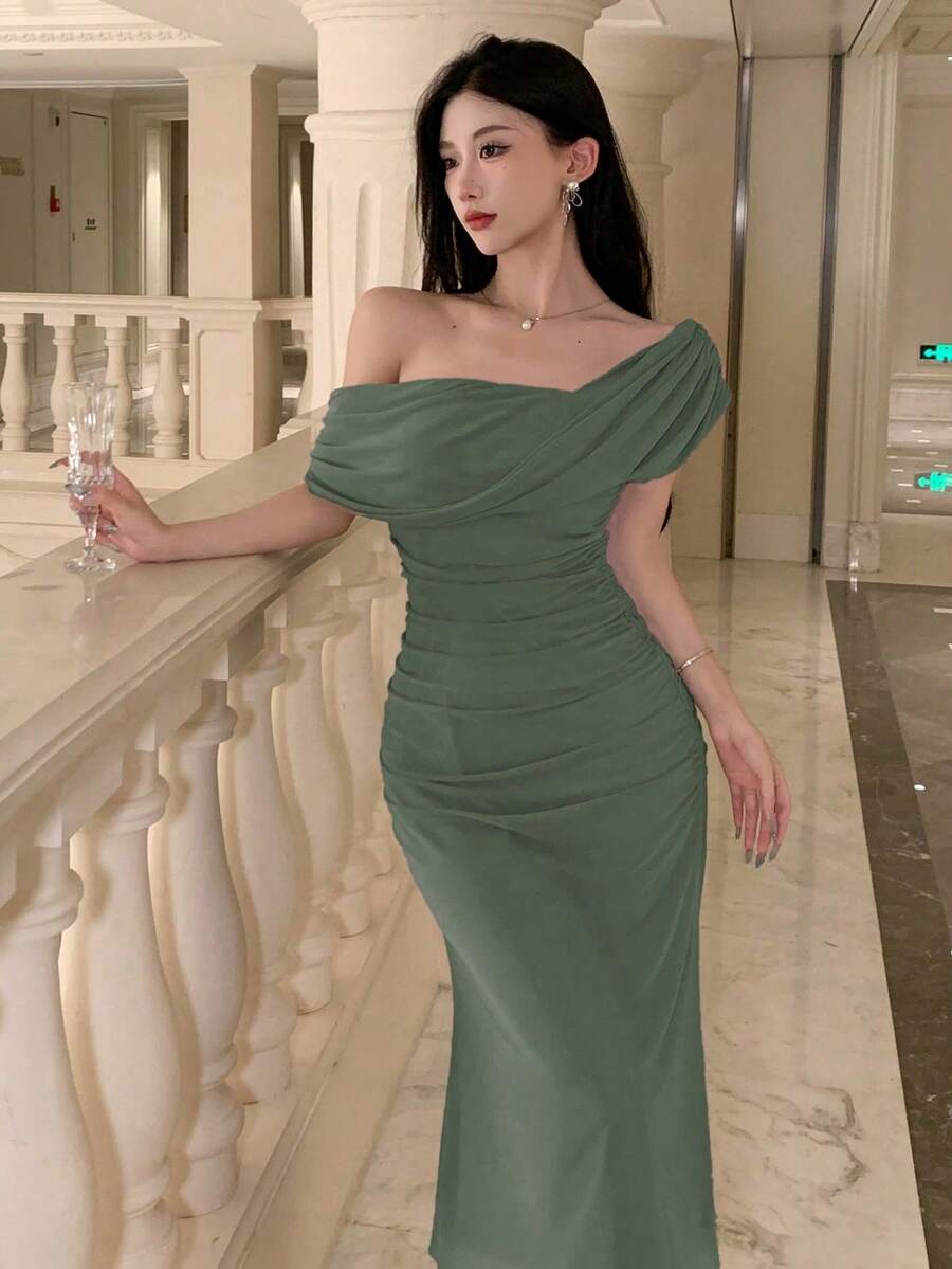 xheDAZY Vestido de mujer de unicolor elegante con cuello asimétrico y manga corta, adecuado para invitados de boda, verano, vestido de boda, vestido de graduación, vestido largoxhe - Verde Oliva - Ver 1