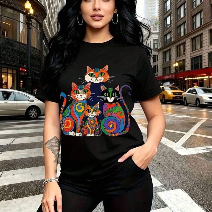Camiseta de mujer con estampado psicodélico de cuatro gatos coloridos y expresivos - camiseta casual de manga corta con ajuste cómodo y estilo urbano vibrante, ideal para paseos por la ciudad, salidas con amigas y clima fresco después de la lluvia - - Negro - Ver 1