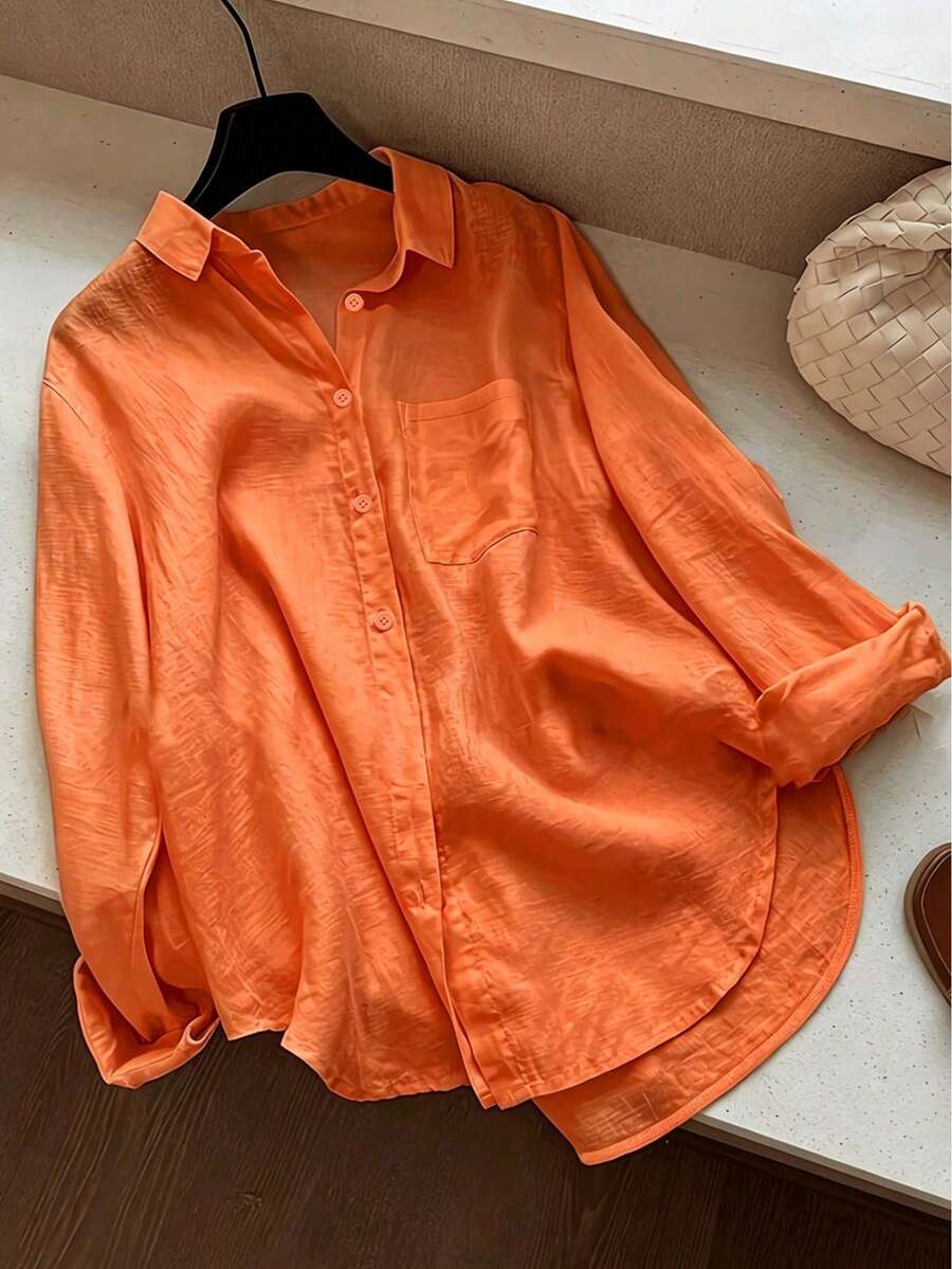Women's Casual Solid Color Front Button Curved Hem Shirt - Orange - View 1