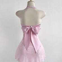 Vestido de fiesta mini con estampado de mariposa, bloque de color, malla, diseño de lazo en la espalda, cintura ceñida y sexy - Negro01 - Ver 3