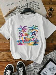 Plus Size Women's Vacation Short Sleeve T-Shirt, Colorful Coconut Tree Print Fresh Versatile Casual Top, Summer Fashion For Beach Trips White - White - View 2