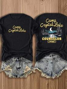 1 Piece, Y2K Retro Streetwear T-Shirt For Women, European And American Summer T-Shirt With Round Neck And Short Sleeves, Lightweight And Breathable, With A Camping Crystal Lake Design - 黑色 - 查看 1