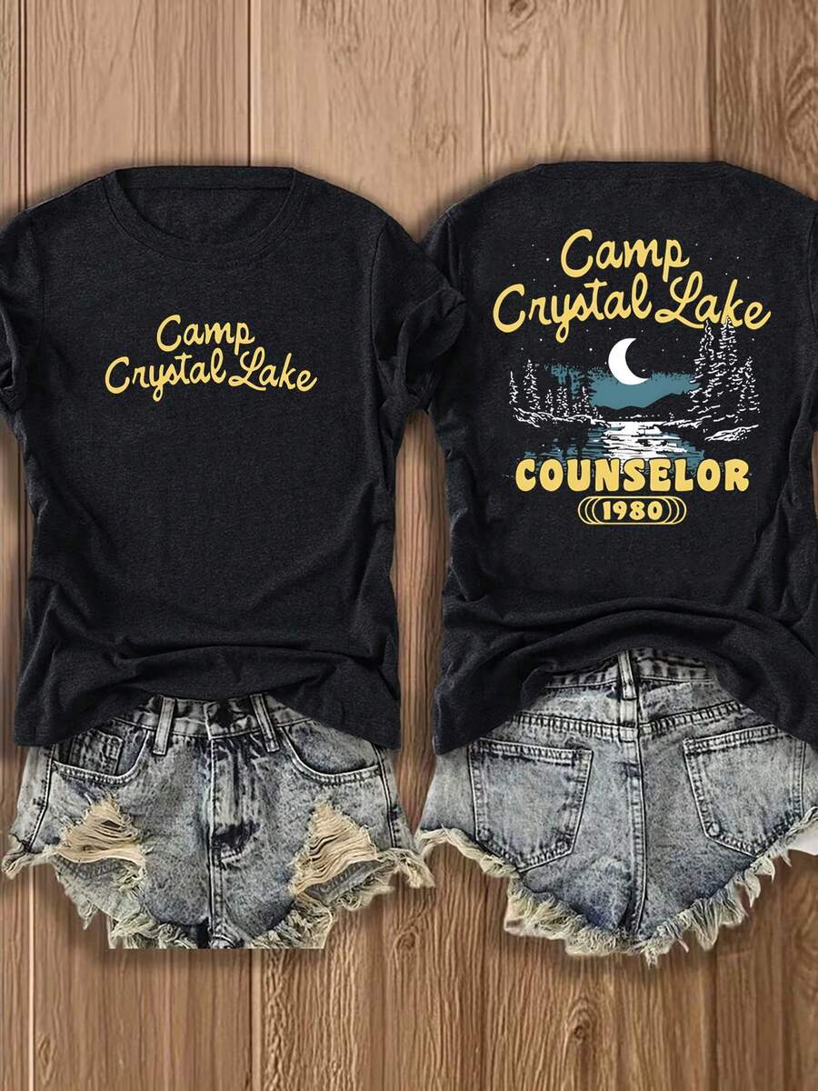 1 Piece, Y2K Retro Streetwear T-Shirt For Women, European And American Summer T-Shirt With Round Neck And Short Sleeves, Lightweight And Breathable, With A Camping Crystal Lake Design - 黑色 - 查看 1