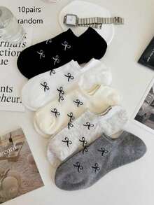 1/5/10 Pairs Women Boat Socks, Cute Bow Minimalist Low-Cut Invisible Socks, Women's Ankle Socks, Casual Non-Slip Socks, Soft & Comfortable, Suitable For Spring, Summer, Daily Wear, Ins Style - Multicolor - View 10