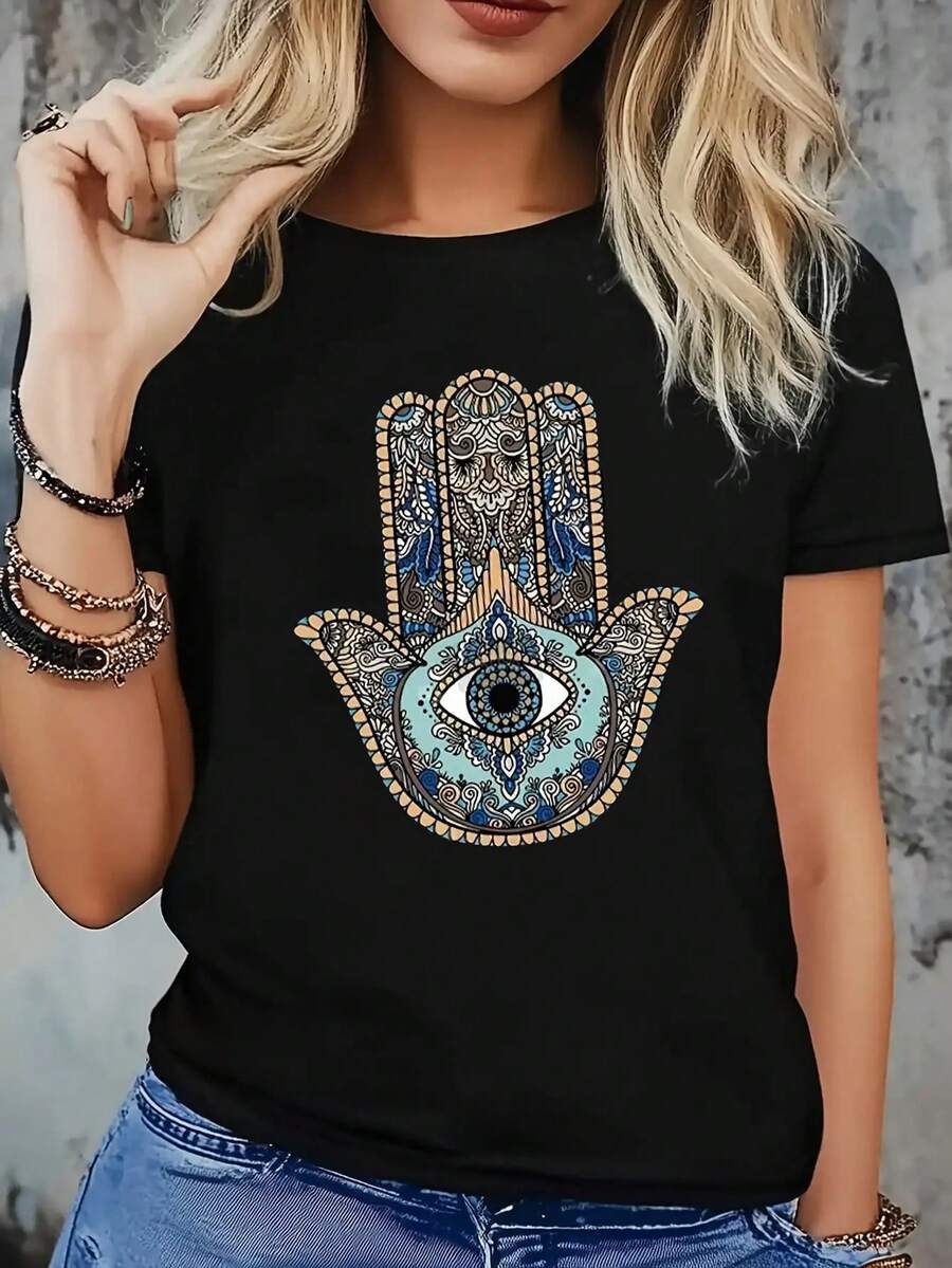 A Women's Bohemian-Style Short-Sleeved T-Shirt - Elegant Hamsa Hand And Eye Design, Round Neck Blouse With Elastic Sleeves, Machine Washable, Casual Shirt For Year-Round Wear. Unisex T-Shirt - 黑色 - 查看 1