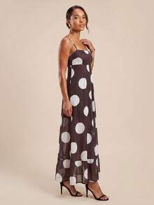 Women's Spring/Summer Long Dress Casual Stylish Dot Print Square Neck A Line Spaghetti Strap Dress - Marrón - Ver 5