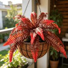 2 Pcs Exquisite Artificial Boston Fern Plants - 18 Leaves, Lifelike Large Artificial Greenery, Suitable For Indoor And Outdoor Decoration, Perfect For Complex Home Decor, Easy To Maintain. - Autumn Red - View 1