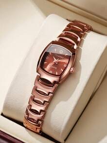 Reloj de pulsera de cuarzo para mujer con correa de aleación, esfera con forma de barril y diamantes de imitación, estilo de lujo, regalo exquisito para novia (1 pieza/set) caja de reloj no incluida - Oro rosa - Ver 8